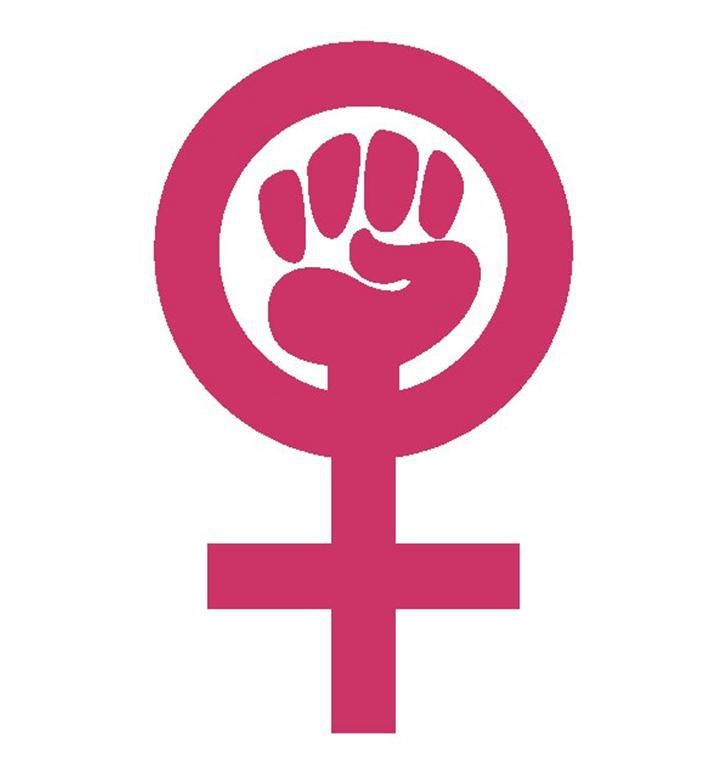 a pink female symbol with a fist in the middle