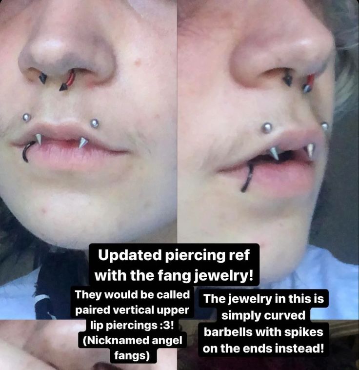 two pictures of a woman with piercings on her nose and the caption reads, updated piercing ref with the fang jewelry