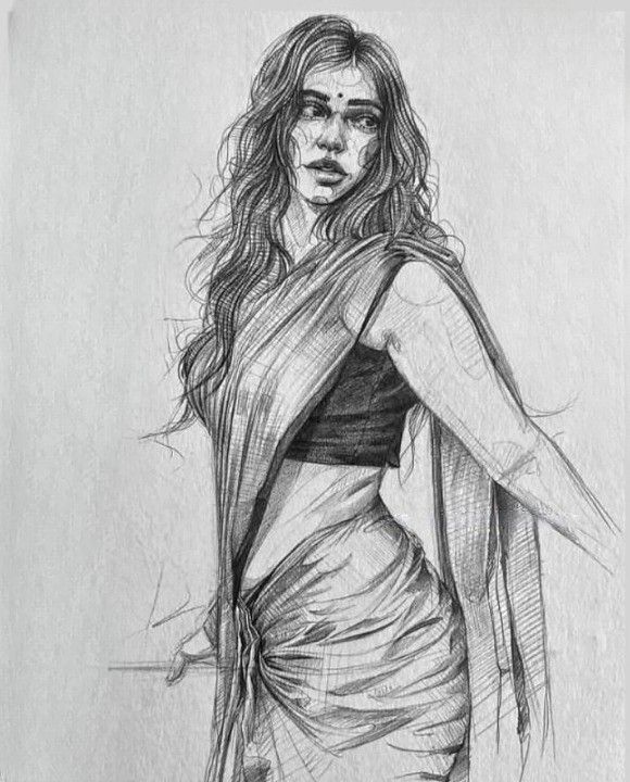 a pencil drawing of a woman in a skirt