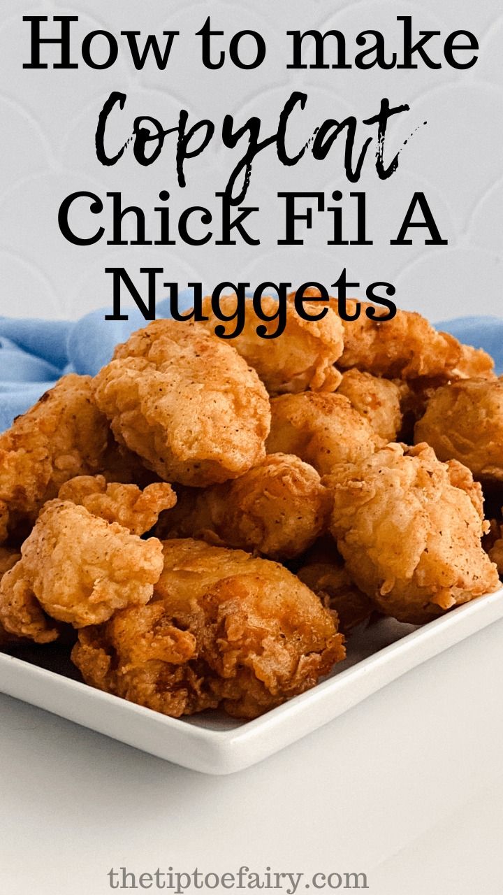 fried chicken nuggets on a white plate with the title how to make copycat chick fil a nuggets