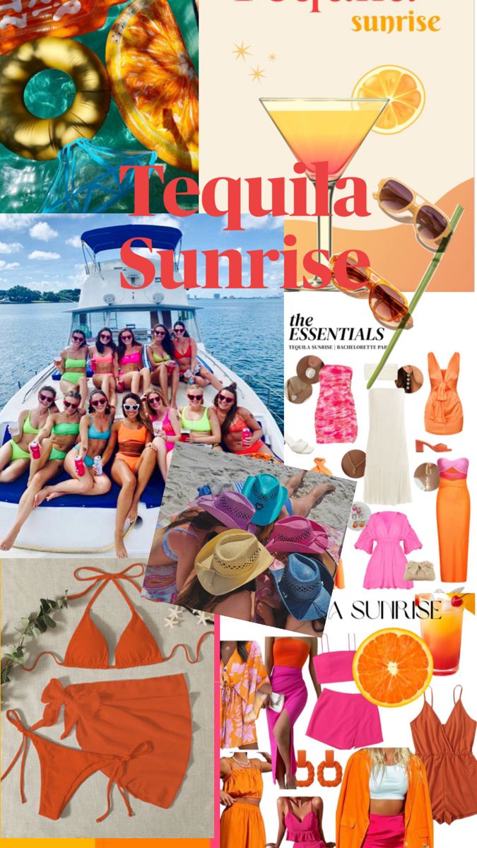 the collage shows different types of bikinis and swimsuits, including one in orange