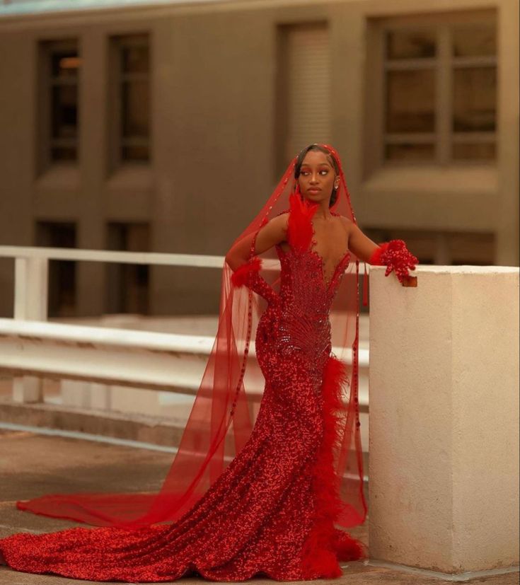 Res Prom Dress, African Prom Dresses Nigerian Fashion, Red Gala Dresses, Different Prom Dresses, Pink Sparkly Prom Dress, Dress With Veil, Red Lace Gown, Senior Szn, Elegant Red Dress