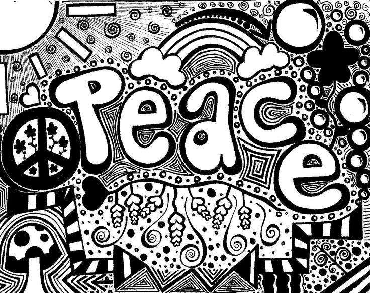 a black and white drawing with the word peace written in large letters surrounded by doodles