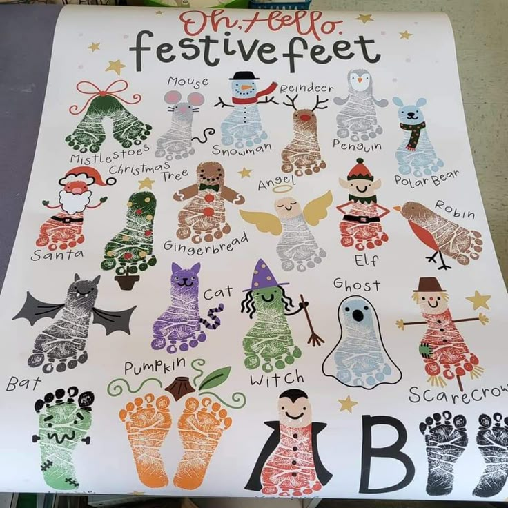 a sign that has different types of feet on it and the words happy festive feet