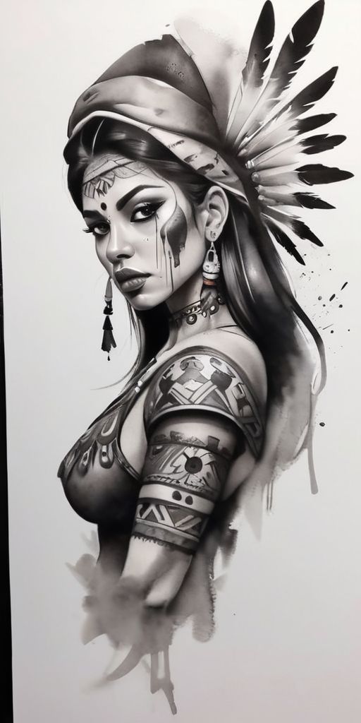 Aztec Warrior Tattoo Designs, Woman Warrior Tattoo Design, Aztec Warrior Tattoo For Women, Aztec Woman Warrior, Aztec Woman Tattoo, Indian Woman Tattoo, Woman Warrior Tattoo, Warrior Woman Tattoo, Native American Warrior Tattoos