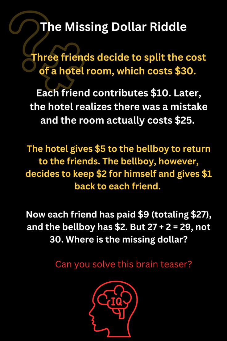 the missing dollar riddle is shown in red and black with an image of a man's head