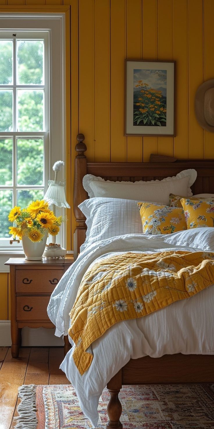 a bedroom with yellow walls and white bedding, sunflowers on the window sill