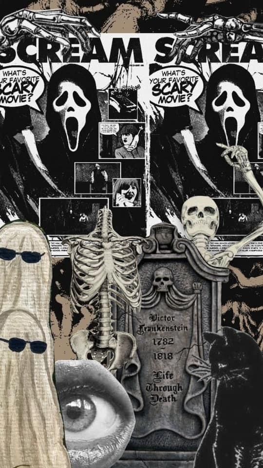 a collage of halloween images with creepy faces and skeletons