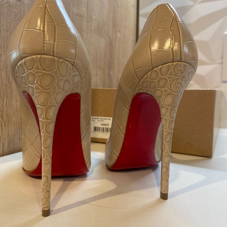 Never Worn Brand New ! Beige Leather Heels With Red Sole, Party Heels With Red Sole In Beige, Beige Heels With Red Sole For Party, Beige Heels With Red Sole, Elegant Beige Heels With Red Sole, Beige Party Heels With Red Sole, Designer Beige Closed Toe Heels, Luxury Beige Heels With Sculpted Heel, Luxury Beige Heels With Red Sole