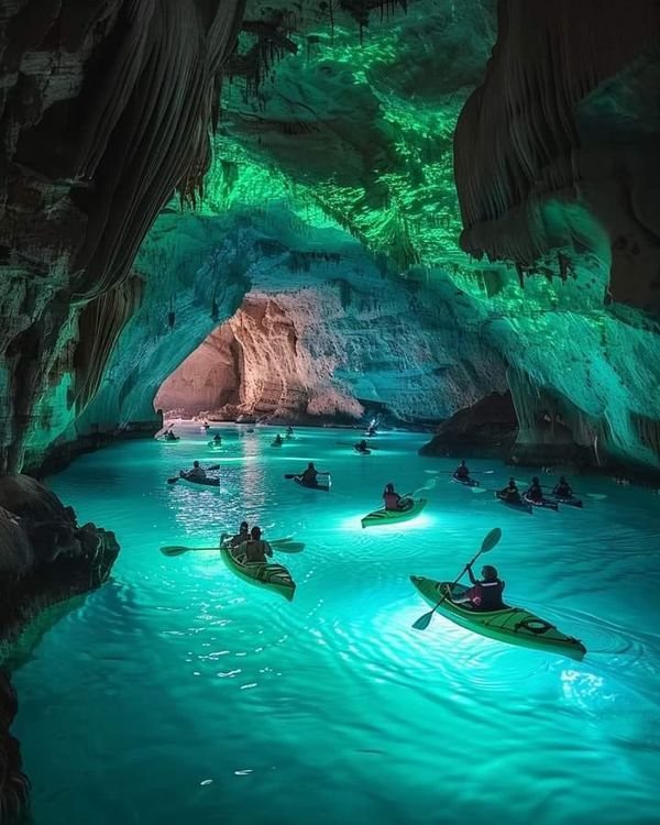 several kayakers are in the blue cave with green lights on their faces and water around them