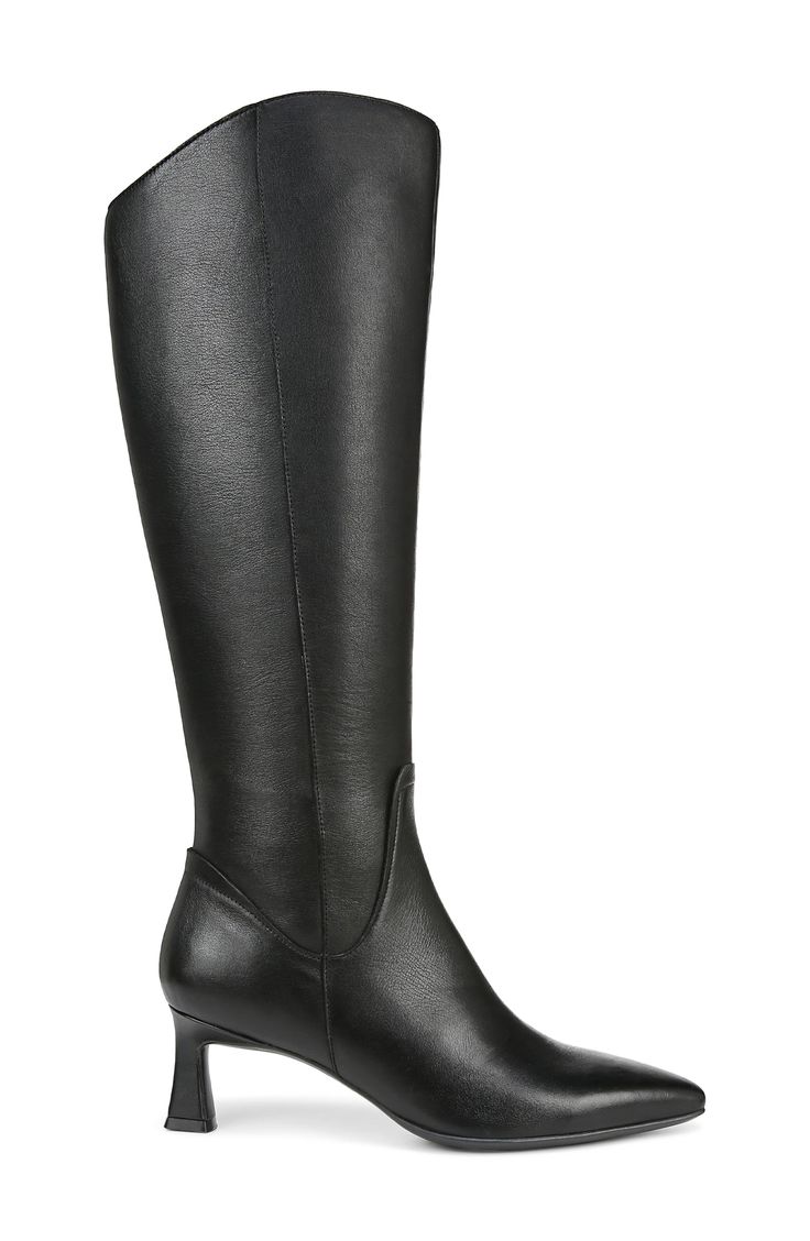 A full-length side zip climbs the leather shaft of this fierce knee-high boot with a flared heel and pointy toe for a pinch of Western charm. 2 1/8" heel 14" shaft; 14 1/2" calf circumference Contour+ Comfort technology Leather upper/synthetic lining and sole Imported Tall Leather Boots For Work, Leather Tall Heeled Boots For Work, Tall Leather Heeled Boots For Workwear, Sleek High Shaft Boots For Workwear, Leather Knee-high Boots With Wide Calf And Snip Toe, Formal Fitted Knee-high Boots With Leather Lining, Wide Calf High Shaft Heeled Boots For Work, Leather High Shaft Mid-calf Boots For Work, Leather Mid-calf High Shaft Boots For Work