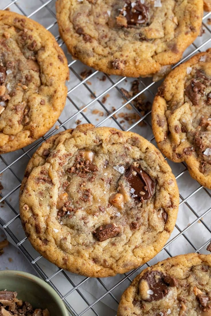 chocolate chip cookies cooling on a wire rack