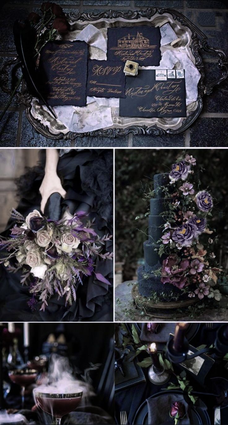 a collage of photos showing different types of black and purple wedding decor, including flowers