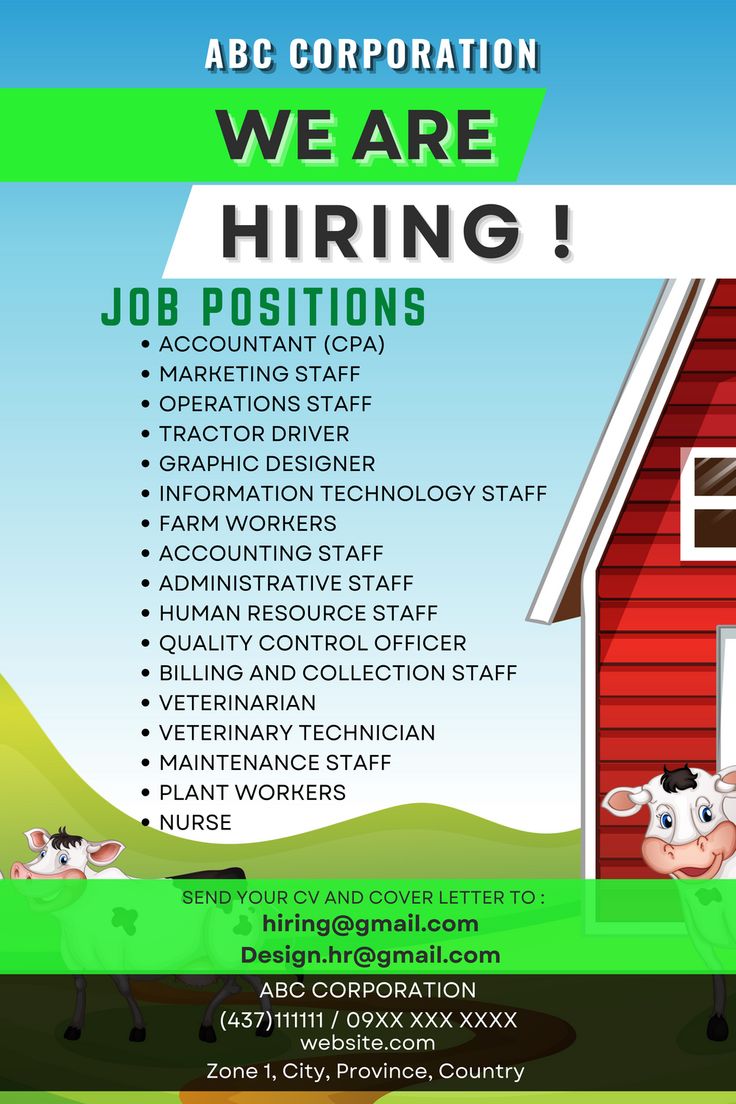 an advertisement for a job position with cows in front of a red barn and green grass