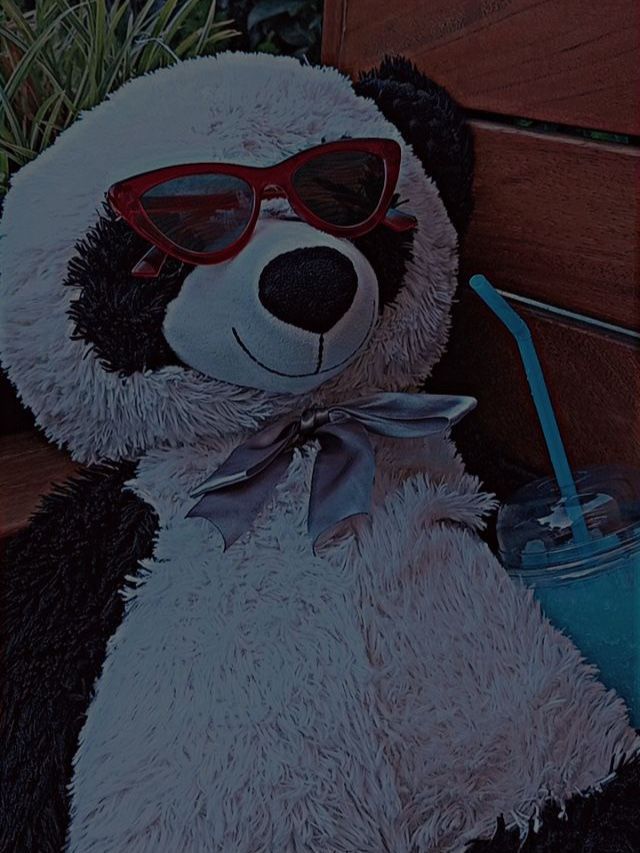 a stuffed panda bear wearing sunglasses sitting on a bench with a drink in it's hand