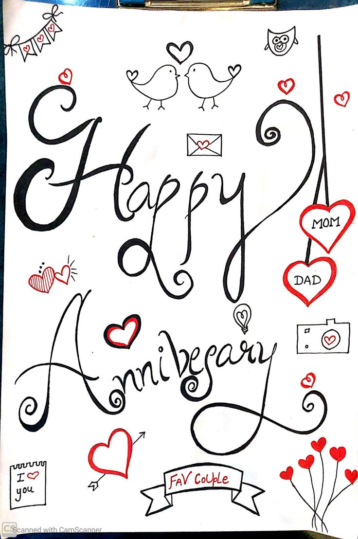 an anniversary card with hearts, birds and flowers in black ink on white paper that says happy anniversary