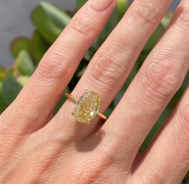 a woman's hand with a yellow diamond ring on her finger, next to a plant