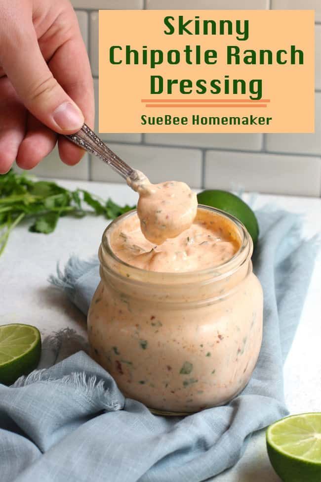 Skinny Chipotle Ranch Dressing combines Greek yogurt and light mayo with all the southwest flavors. This dressing is the perfect topper for salads, tacos, burrito bowls, and even for dipping fries and veggies! | suebeehomemaker.com | #skinnyranchdressing #chipotleranchdressing #ranchdressing #dressing #healthydiprecipe Chipotle Ranch Sauce, Chipotle Salad Dressing, Salsa Ranch Dressing, Healthy Dip Recipes, Greek Yogurt Ranch, Chipotle Ranch Dressing, Chipotle Dressing, Greek Yogurt Dressing, Ranch Sauce