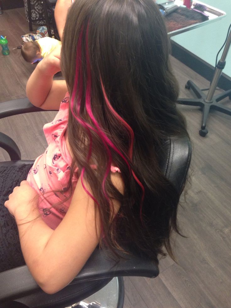 Pink Hair Strands Brunette, Strip Highlight Hair, 2 Strands Of Hair Dyed, One Strand Hair Dye, Dark Pink Streaks In Brown Hair, Colored Stripes In Hair, Small Streaks Of Color In Hair, Strand Hair Dye, Color Strands In Hair