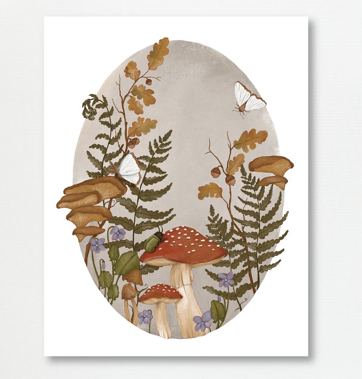 a painting of mushrooms and ferns on a white background with an oval frame in the middle