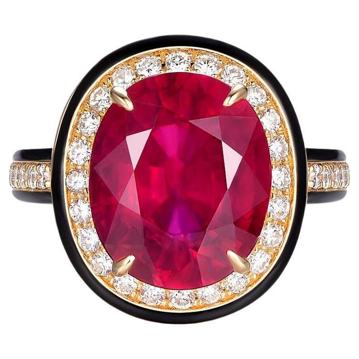 This ring is a bold statement of luxury and color, featuring a stunning 6.58-carat glass-filled ruby as its centerpiece. The ruby, measuring 12x10mm, boasts a rich, deep crimson color that commands attention. The process of glass filling enhances the appearance of the ruby, giving it a remarkable clarity and allowing it to capture light in a way that accentuates its vibrant hue. Surrounding the ruby is a halo of brilliant diamonds totaling 0.46 carats. These diamonds provide a sparkling contrast to the intensity of the ruby, illuminating the ring with their timeless elegance. The ring is crafted in 18 karat yellow gold, which complements the warmth of the ruby and adds a classic sophistication to the piece. The band features a sleek black enamel that frames the ruby and diamonds, creating Crimson Color, Gold For Sale, Enamel Ring, Leaded Glass, Ruby Diamond, Fine Jewelry Collection, Brilliant Diamond, Cluster Ring, Black Enamel