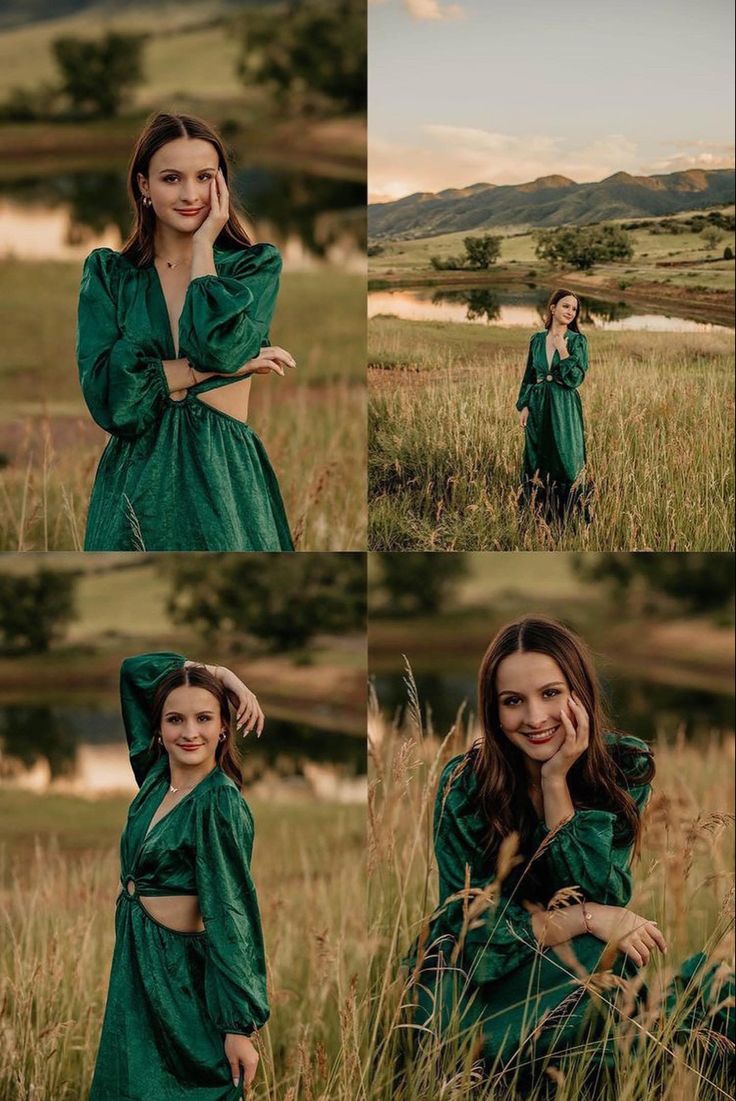 a woman in a green dress posing for a photo