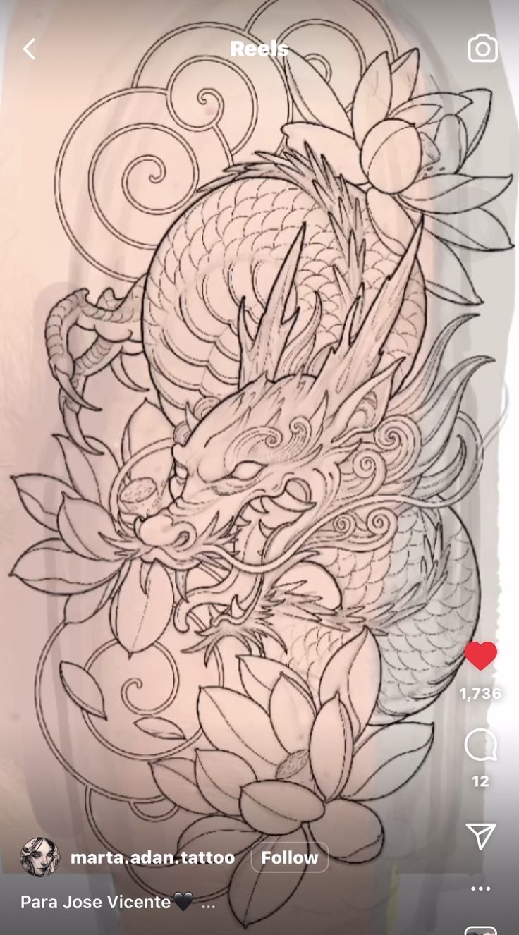 a drawing of a dragon with flowers on it