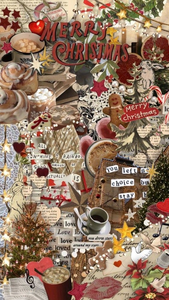 a christmas collage with many different types of items and words on it's side