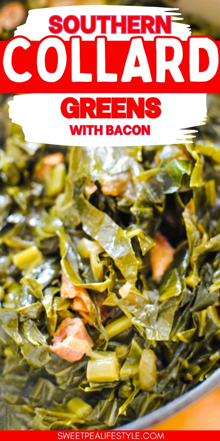 Southern Collard Greens Recipe with Bacon is the side dish every table needs! Tender greens are simmered in a flavor-packed broth for a southern favorite! Southern collard greens are an easy side dish to make for Sunday dinner, served best with a big ham, fried chicken, and mashed potatoes. These are just like your grandmother made them! Delicious collard greens are much easier to make then you think! Southern Collard Greens Recipe, Southern Collard Greens With Bacon, Fried Collard Greens Recipes, Bacon Thanksgiving Recipes, Collard Greens Recipe With Bacon, How To Make Southern Collard Greens, Collard Greens Recipe Southern, How To Cook Collards Southern Style, How To Prepare Collard Greens