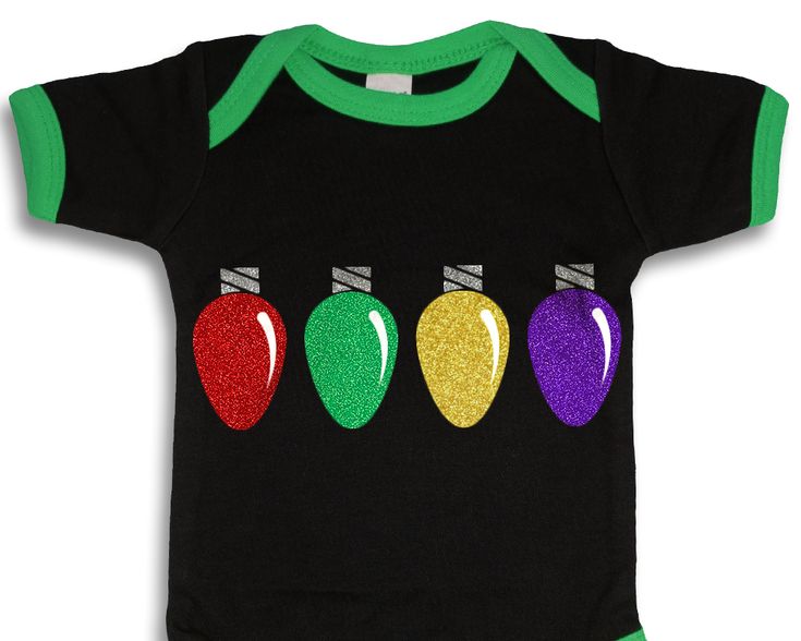 A baby ringer onesie in black with green trim. On it are 4 Christmas light bulbs made with glitter vinyl. Photo Transfer To Paper, Foto Transfer, Christmas Light Bulbs, Photo Transfer, Free Cut Files, Christmas Icons, Craft Club, Free Svg Cut Files, Christmas Light