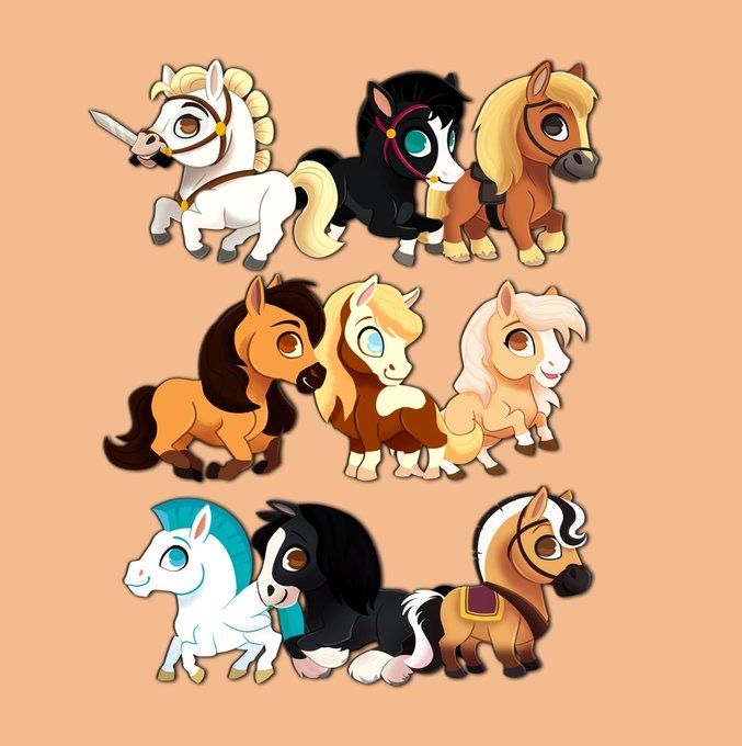 several different types of cartoon horses on a brown background