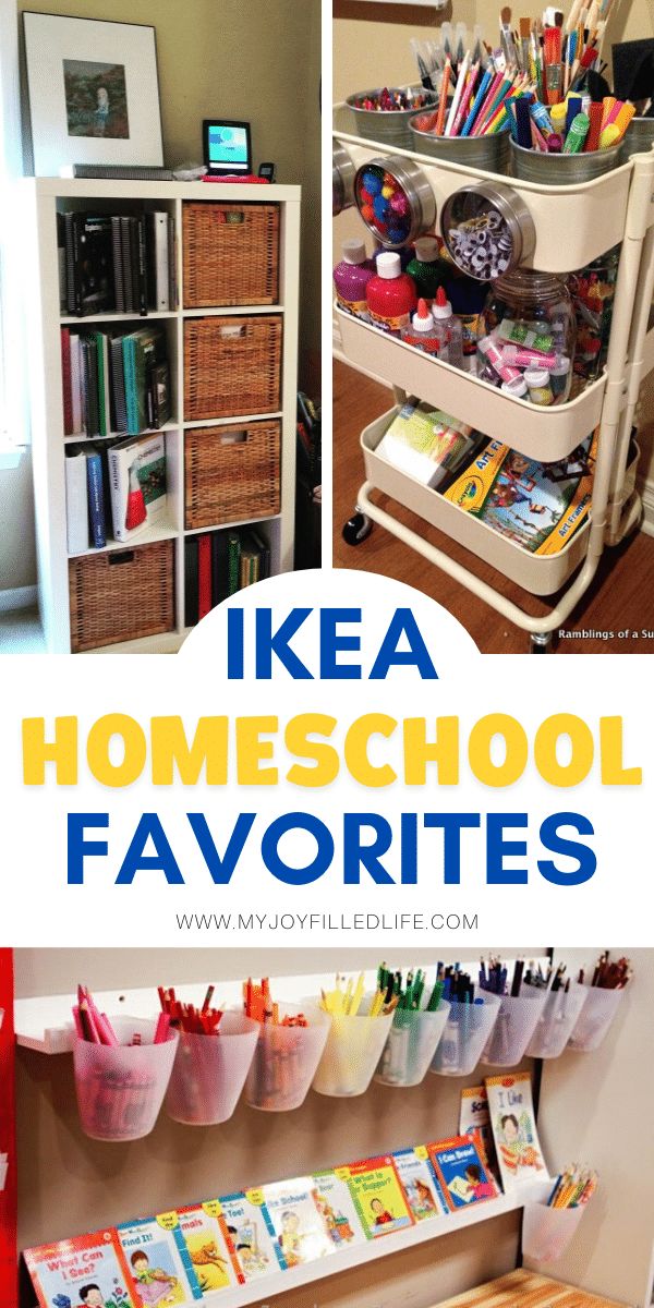 the words ikea homeschool favorites are in blue, white and red