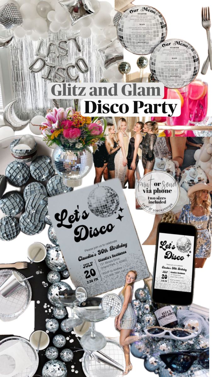 a collage of disco party items including plates, silverware and napkins with text that reads giraffe and glam disco party let's disco party