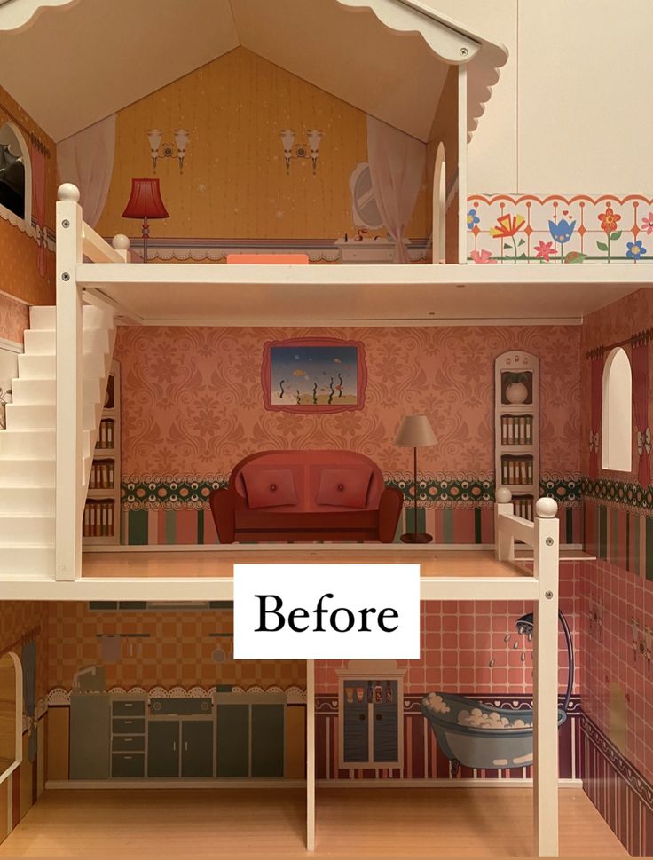 the inside of a doll house with stairs and furniture