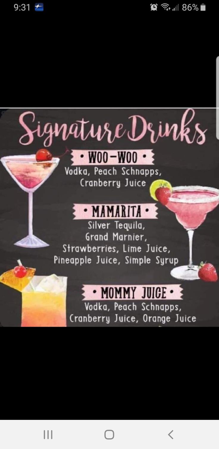 the menu for signature drinks is shown in this screenshoto screen shot, which shows different