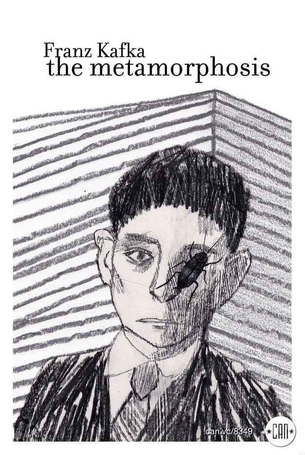 a drawing of a man wearing a suit and tie with the words,'frank kafka the metamorphoss '