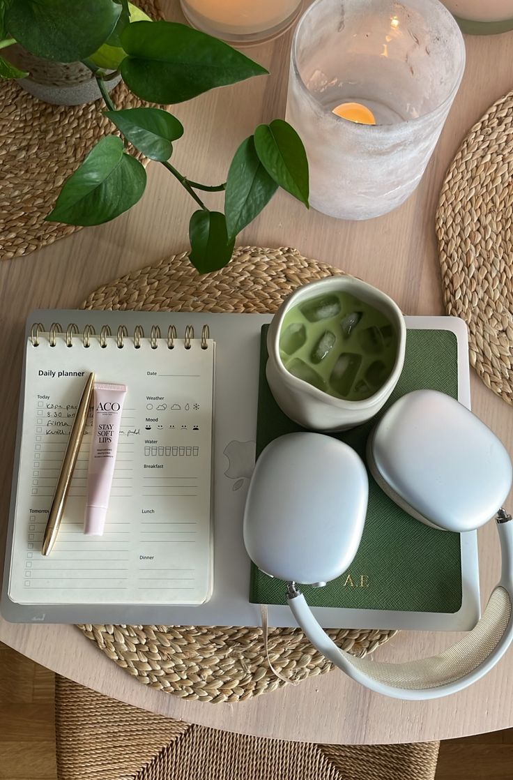 a desk with a notebook, mouses and pen on it next to a potted plant