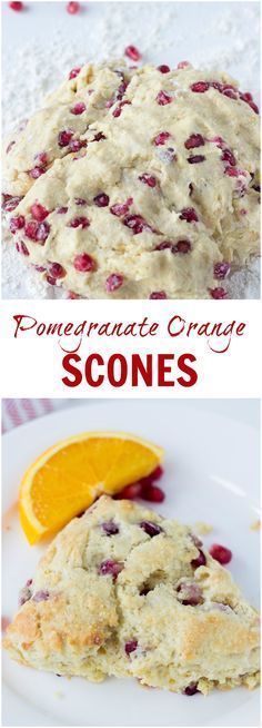 orange and cranberry scones on a white plate with the words, pomegranate orange scones