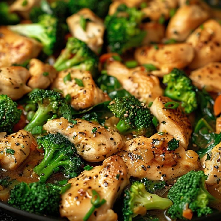 chicken and broccoli stir fry in a skillet