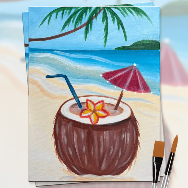 a painting of a coconut drink on the beach