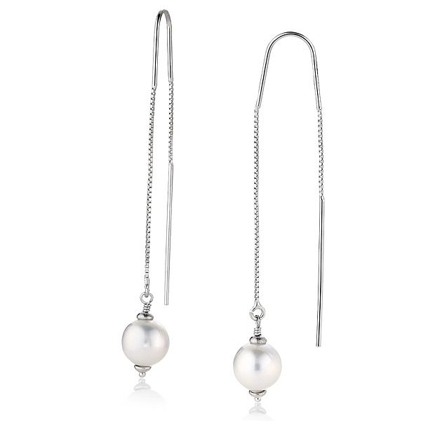 Joia De Majorca Pearl Jewelry. Trendy, fashion forward pearl drop earrings threaded on a delicate silver chain. White Pearl Earrings With Adjustable Chain, White Threader Earrings With Adjustable Chain, Elegant Silver Hoop Earrings With Adjustable Chain, White Dangle Threader Earrings With Adjustable Chain, White Adjustable Chain Dangle Threader Earrings, Elegant Sterling Silver Hoop Earrings With Adjustable Chain, Adjustable Chain Drop Pearl Earrings, Elegant Hoop Earrings With Adjustable Chain As Gift, Elegant Adjustable Chain Hoop Earrings As Gift