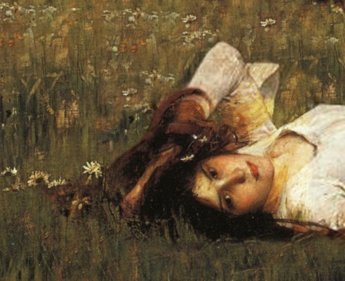 a painting of a woman laying on the ground in a field with wildflowers