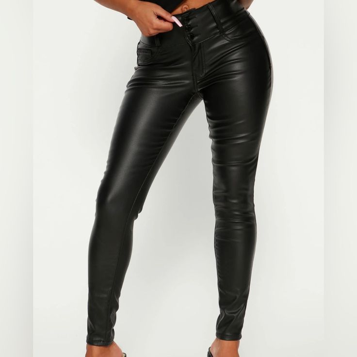 The Pants Is Size 7 Edgy High Rise Faux Leather Bottoms, High Waist Black Faux Leather Bottoms, Sleek High Rise Faux Leather Bottoms, Sleek Black Faux Leather Bottoms, Casual Mid-rise Faux Leather Bottoms, Sleek Mid-rise Black Bottoms, Sleek Black Mid-rise Bottoms, Black Faux Leather Straight Leg Bottoms, Black Mid-rise Faux Leather Pants