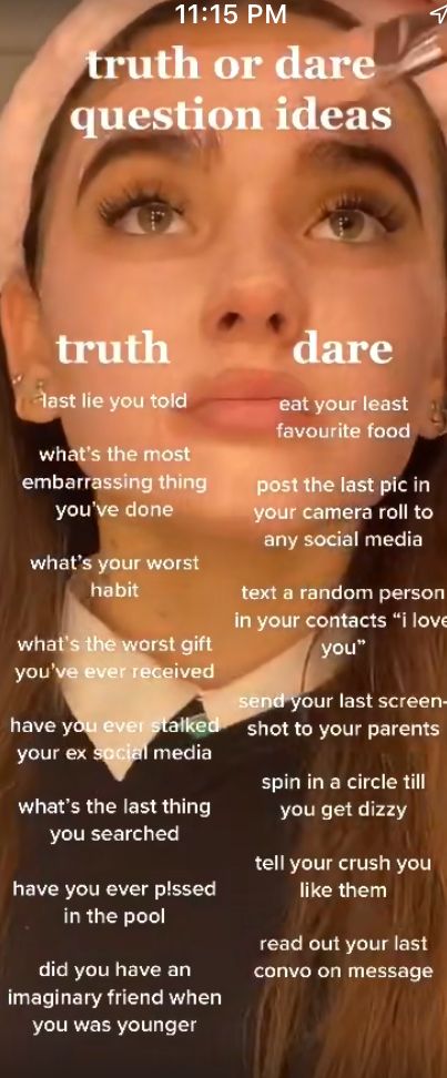 a poster with the words truth or dare question ideas on it and an image of a woman's face