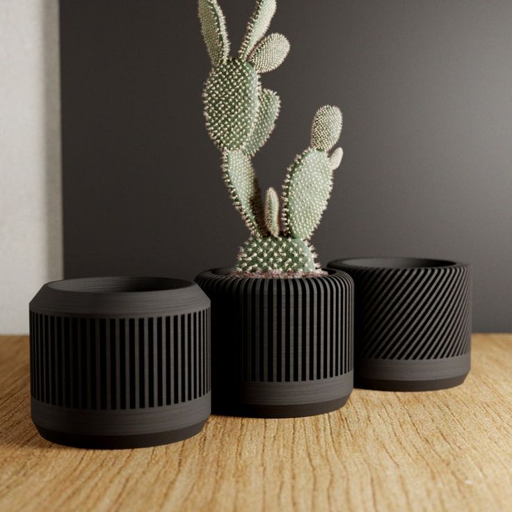 three black planters sitting on top of a wooden table next to each other and one has a cactus in it