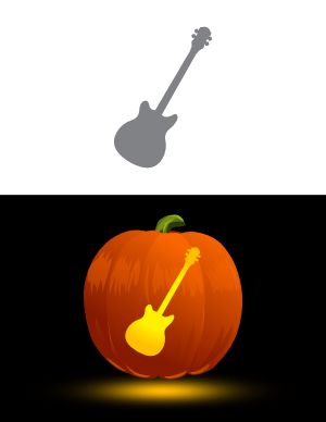 an orange pumpkin with a guitar on it's side and the shadow of a guitar behind it