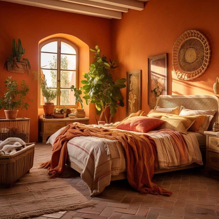 a bedroom with an orange wall and large bed in the center, potted plants on either side