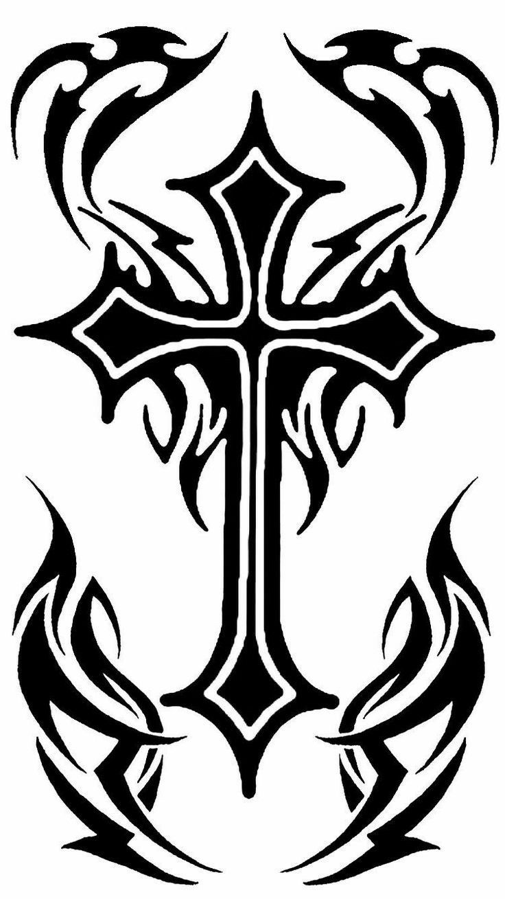 an artistic cross with flames on it, in black and white tattoo style art design