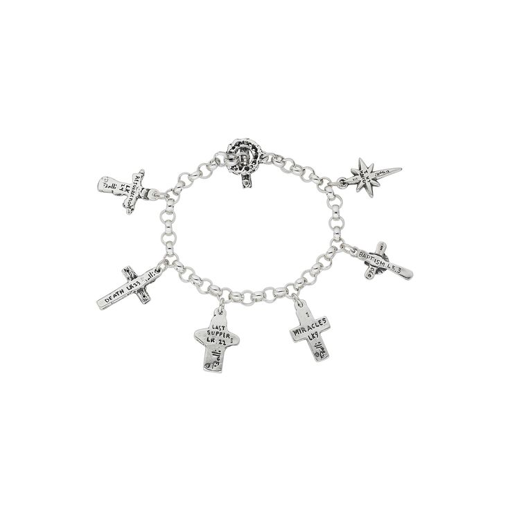 This bracelet beautifully captures the life of our Savior in six charms: birth, baptism, miracles, last supper, crucifixion and resurrection. Each cross has the name of Christ's significant event inscribed on the back, and the corresponding chapter from the book of Luke in the Bible - Complete with a crown of thorns toggle set! · Sterling silver · 7 1/2" length · Cross 1"L x 1/2"W · Handcrafted toggle clasp · Made in New Orleans · 1 year warranty · Complimentary gift packaging · Free shipping · Book Of Luke, Names Of Christ, Free Postcards, Life Of Christ, Crown Of Thorns, Our Savior, Last Supper, Postcard Design, Toggle Clasp