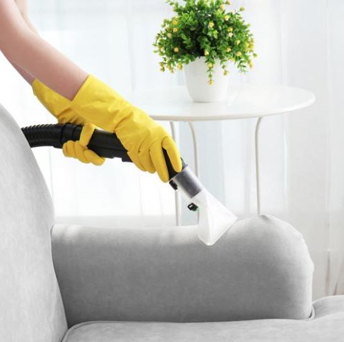 a person in yellow gloves vacuuming a couch with a white table and potted plant